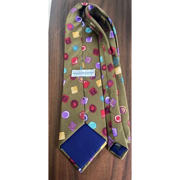 Vtg 1970's Perry Ellis Portfolio All Silk Tie Abstract Geometric Green Purples - Picture 3 of 6